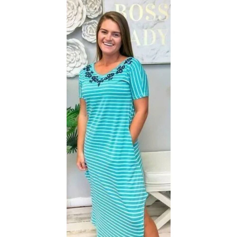 Simply Southern Womens Blue Teal Maxi Dress Stripes Sequins NWOT